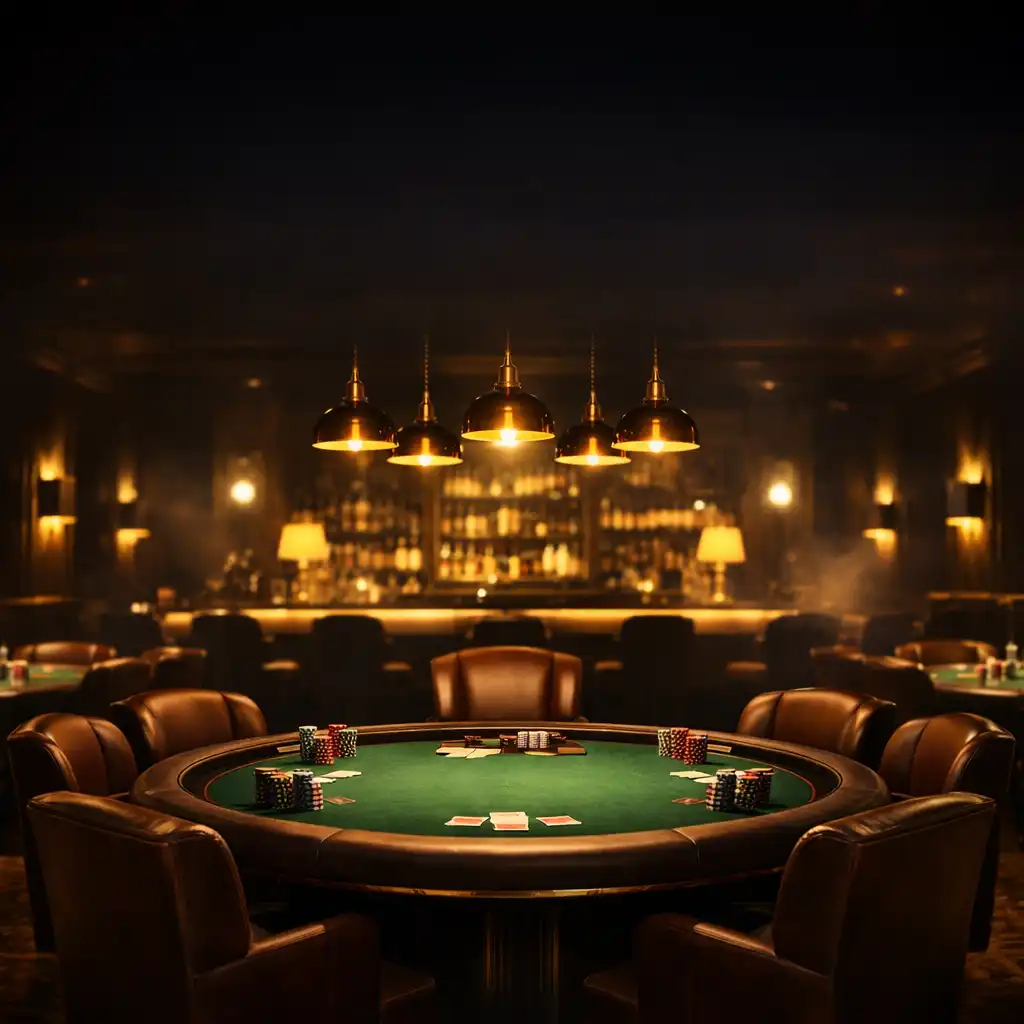Cinematic view of the Brassan Dcedar restaurant and poker lounge interior with warm amber lighting and elegant poker tables