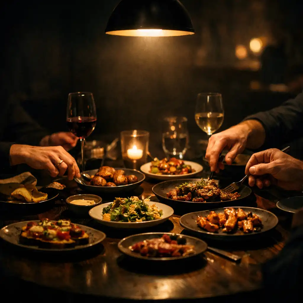Shared dining table in a dark elegant restaurant with small plates of food and glasses of wine under warm pendant light