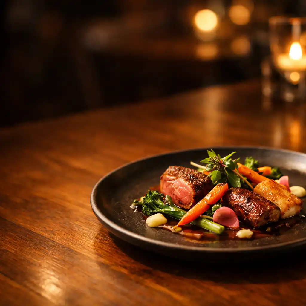 Beautifully plated modern Australian dish on a dark ceramic plate in a dimly lit restaurant