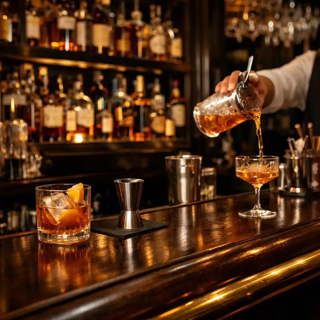 Sophisticated bar area with dark wood, brass foot rail, premium spirits, and warm dim lighting