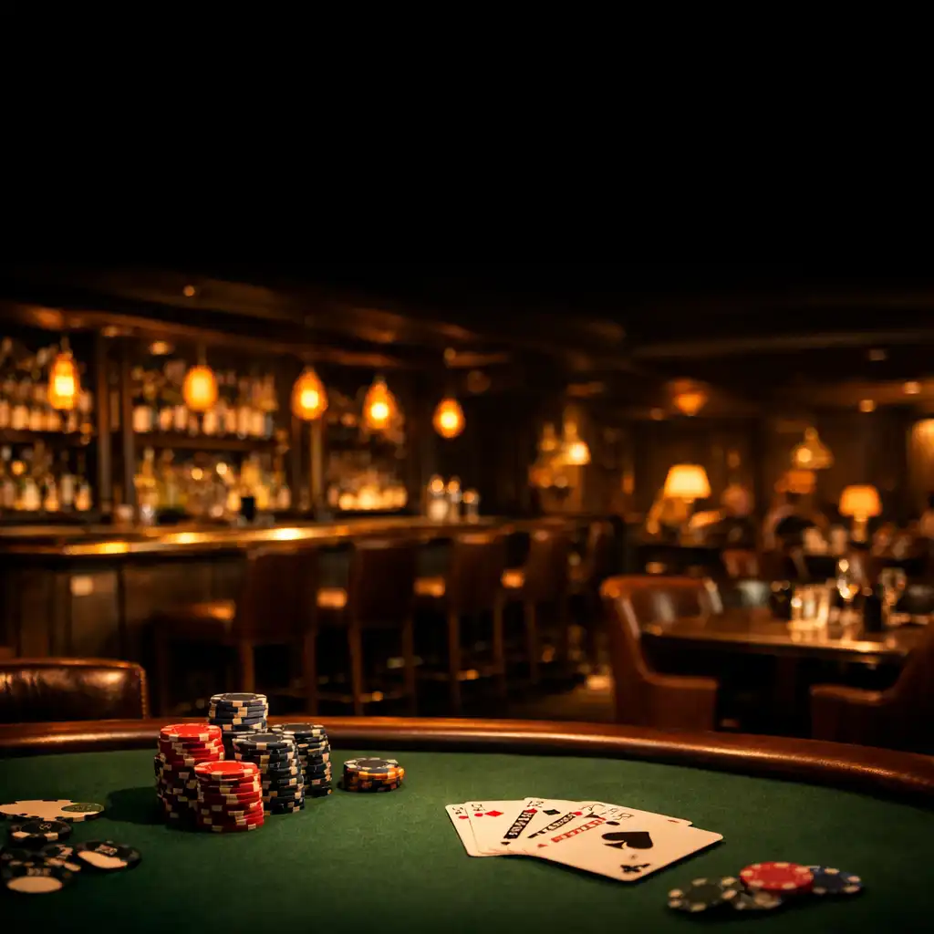 Wide-angle interior of Brassan Dcedar showing a poker table, leather chairs, and a brass-accented bar under warm amber lighting