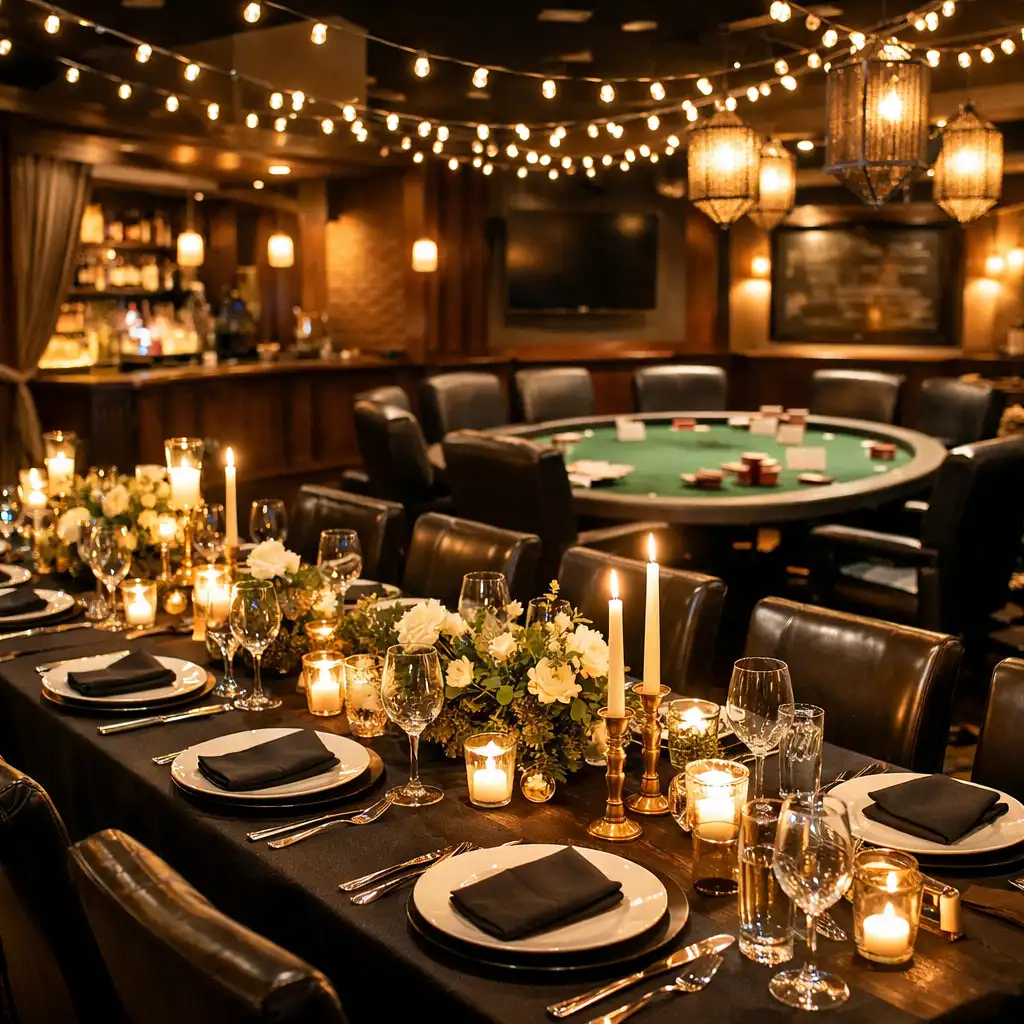 Large private event setup with a long table set for group dinner, candles, elegant place settings, and a poker table visible in the background