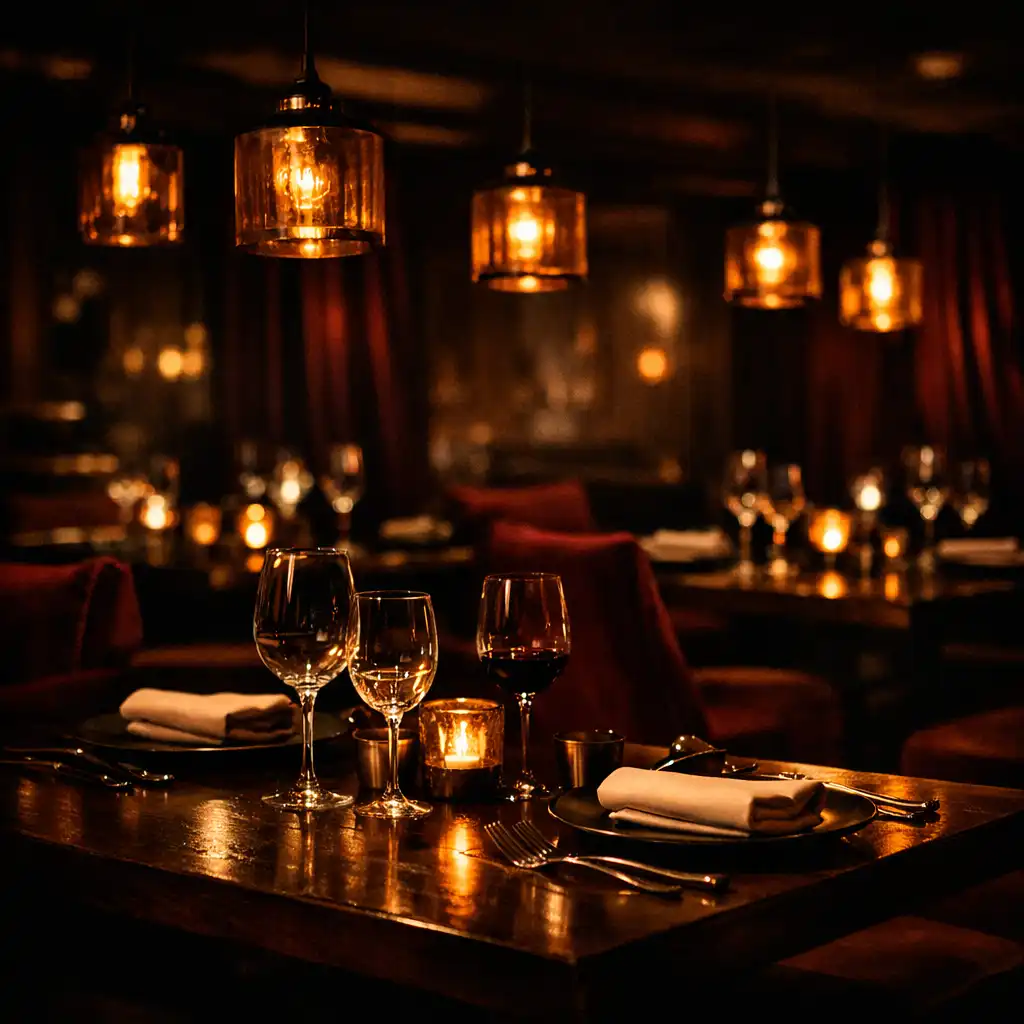 Moody dining area with dark wood tables, warm amber pendant lights, and deep burgundy accents
