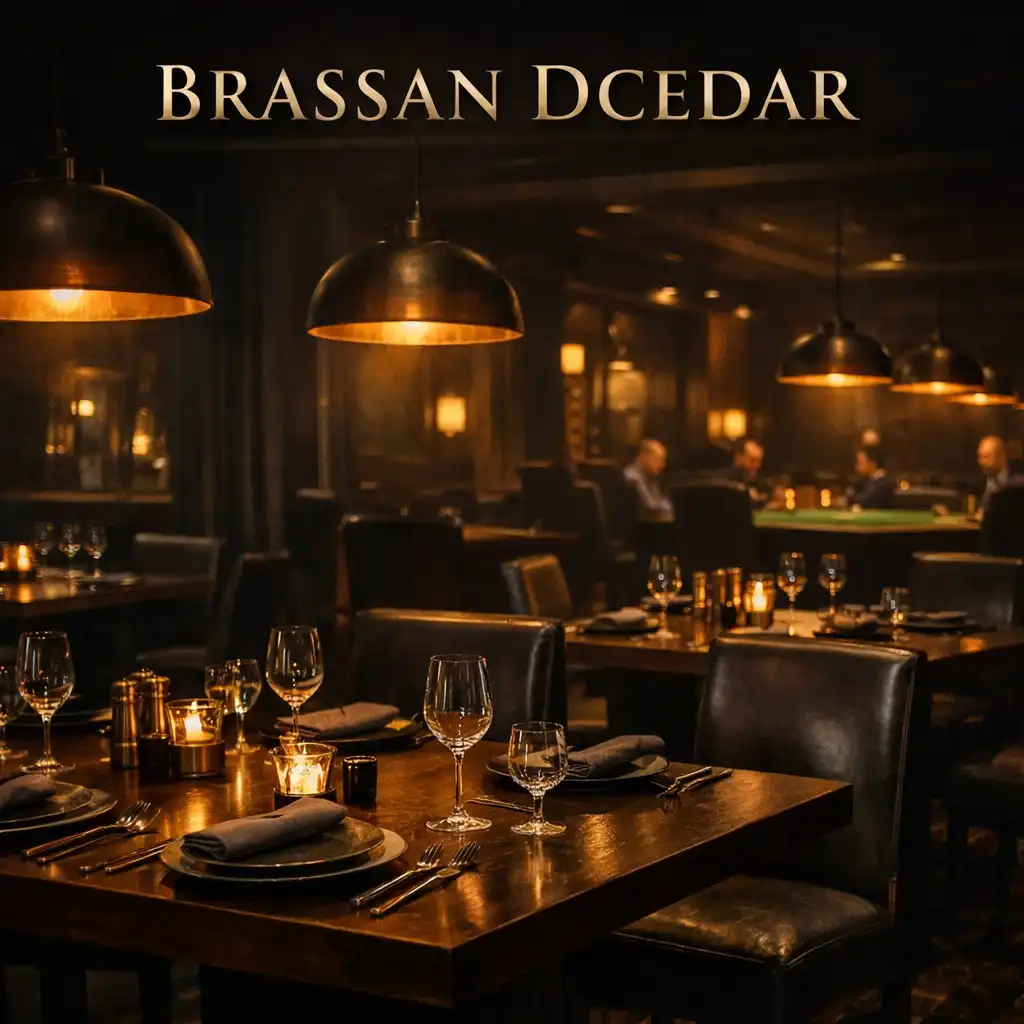 Moody dining room at Brassan Dcedar with warm amber pendant lighting and dark wood tables