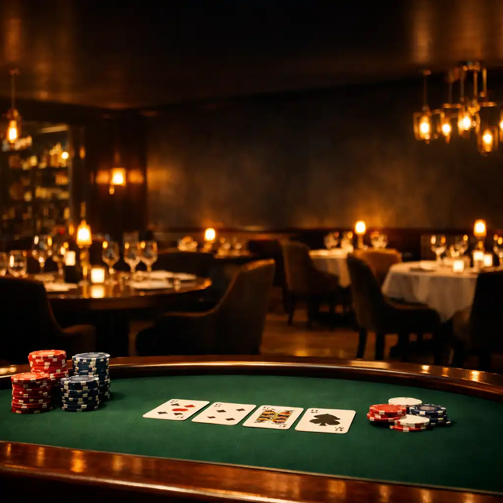 Cinematic view of the Brassan Dcedar restaurant and poker lounge interior with warm ambient lighting
