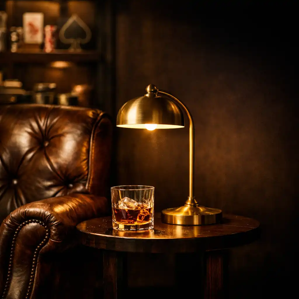Leather chair, side table with a glass, and a brass lamp in the lounge