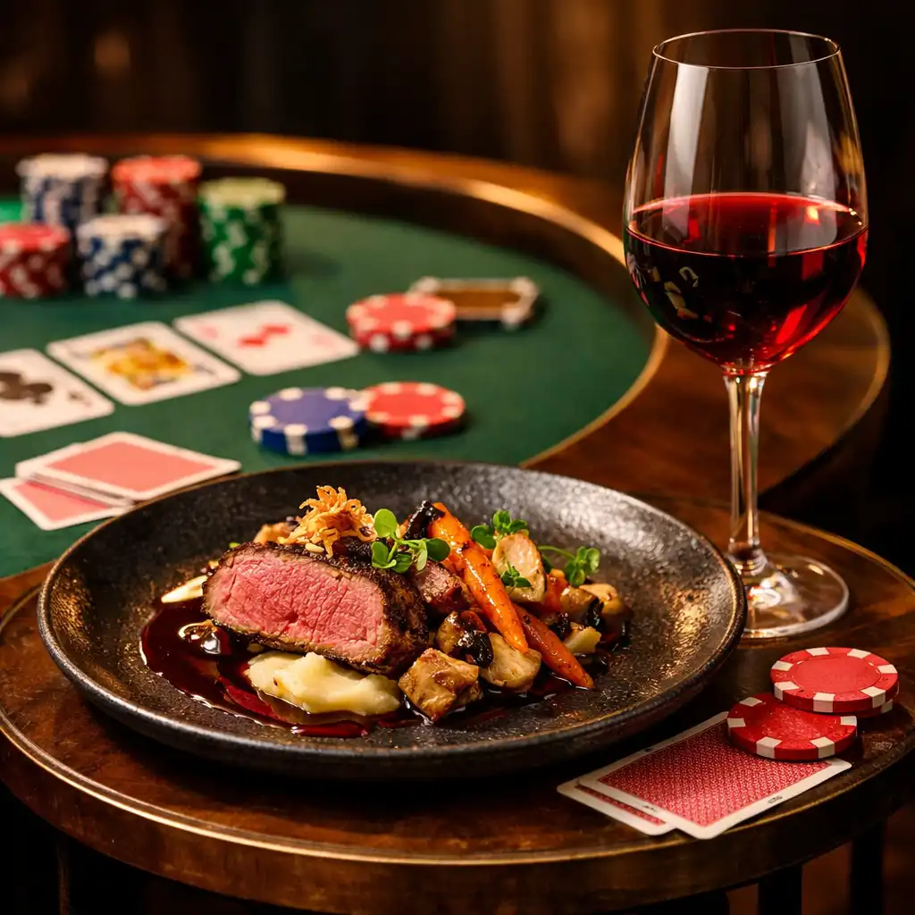 Beautifully plated dish and glass of red wine beside a poker table with chips and cards