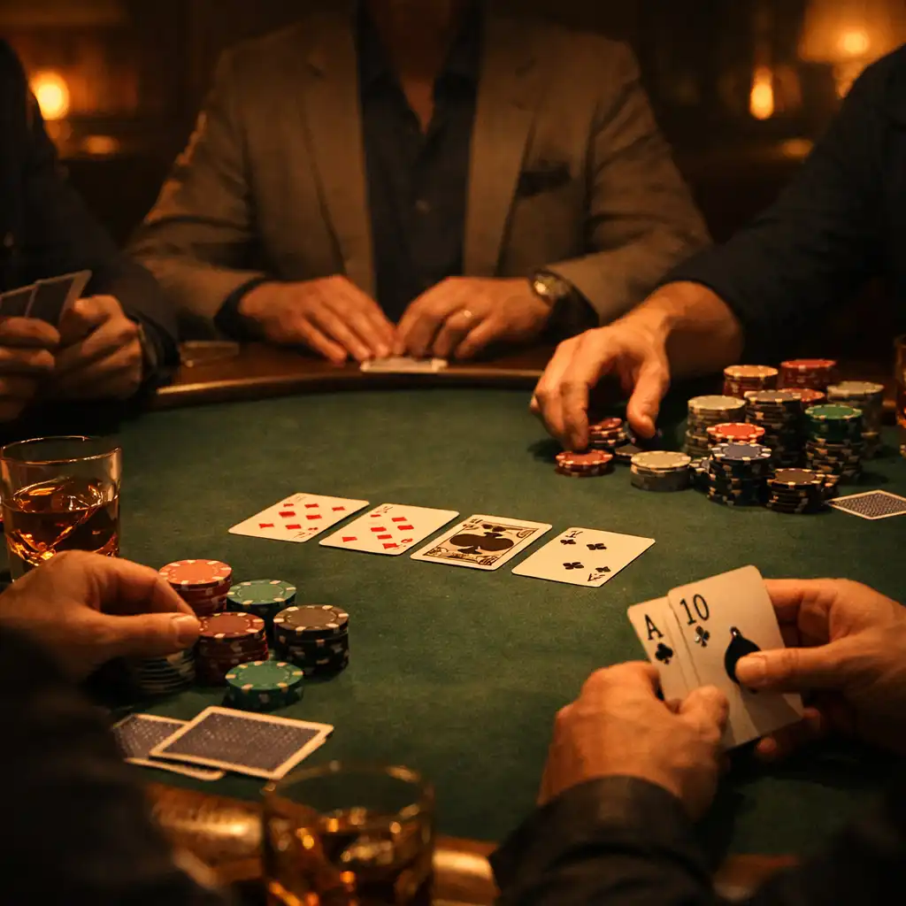 People playing poker calmly at a dimly lit table with warm amber highlights on cards and chips