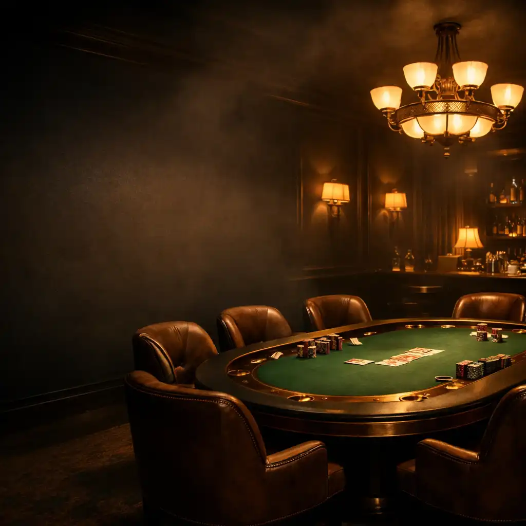 Cinematic poker lounge interior with warm amber lighting, a central poker table, and plush leather chairs
