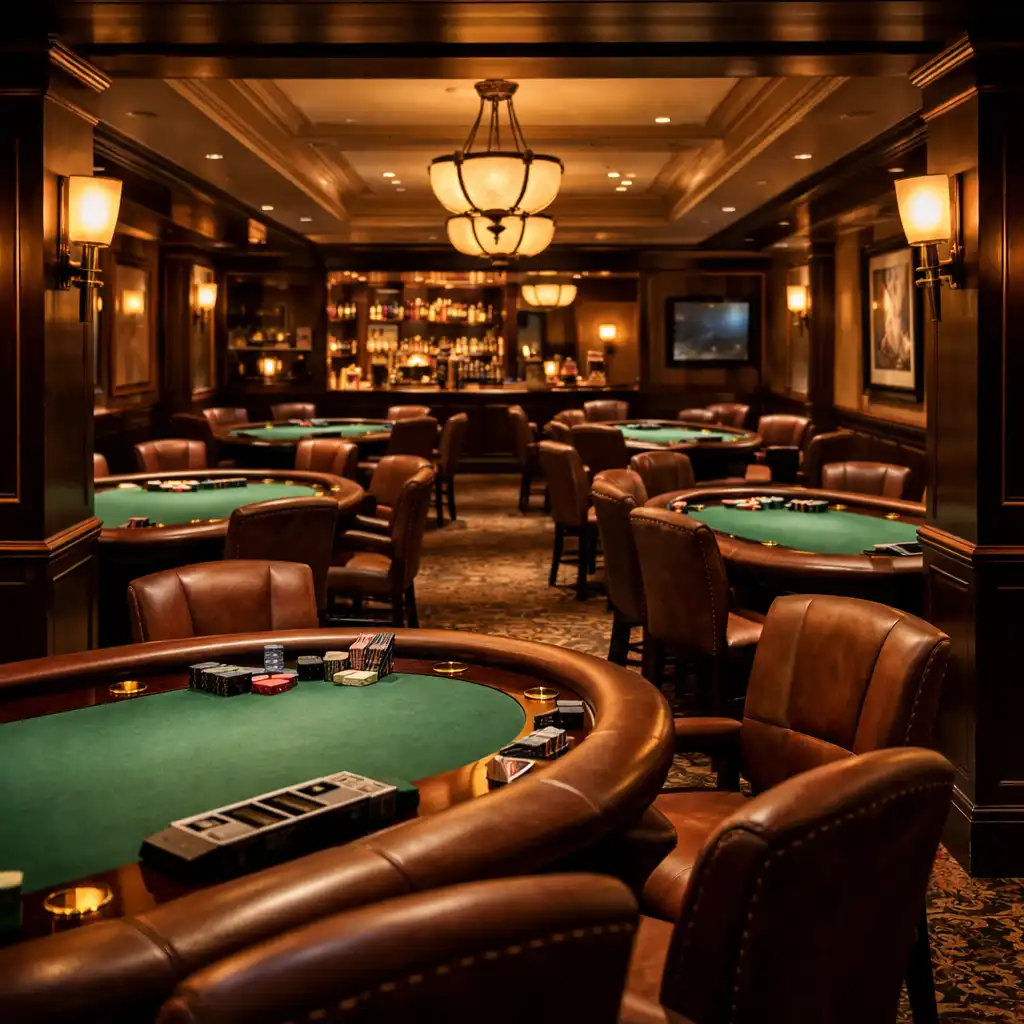 Interior of the Brassan Dcedar poker lounge with warm lighting, green felt tables, and leather chairs