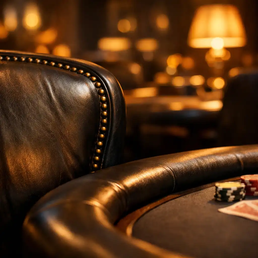 Close-up of a comfortable dark leather poker chair with brass studs beside a padded table rail in warm light