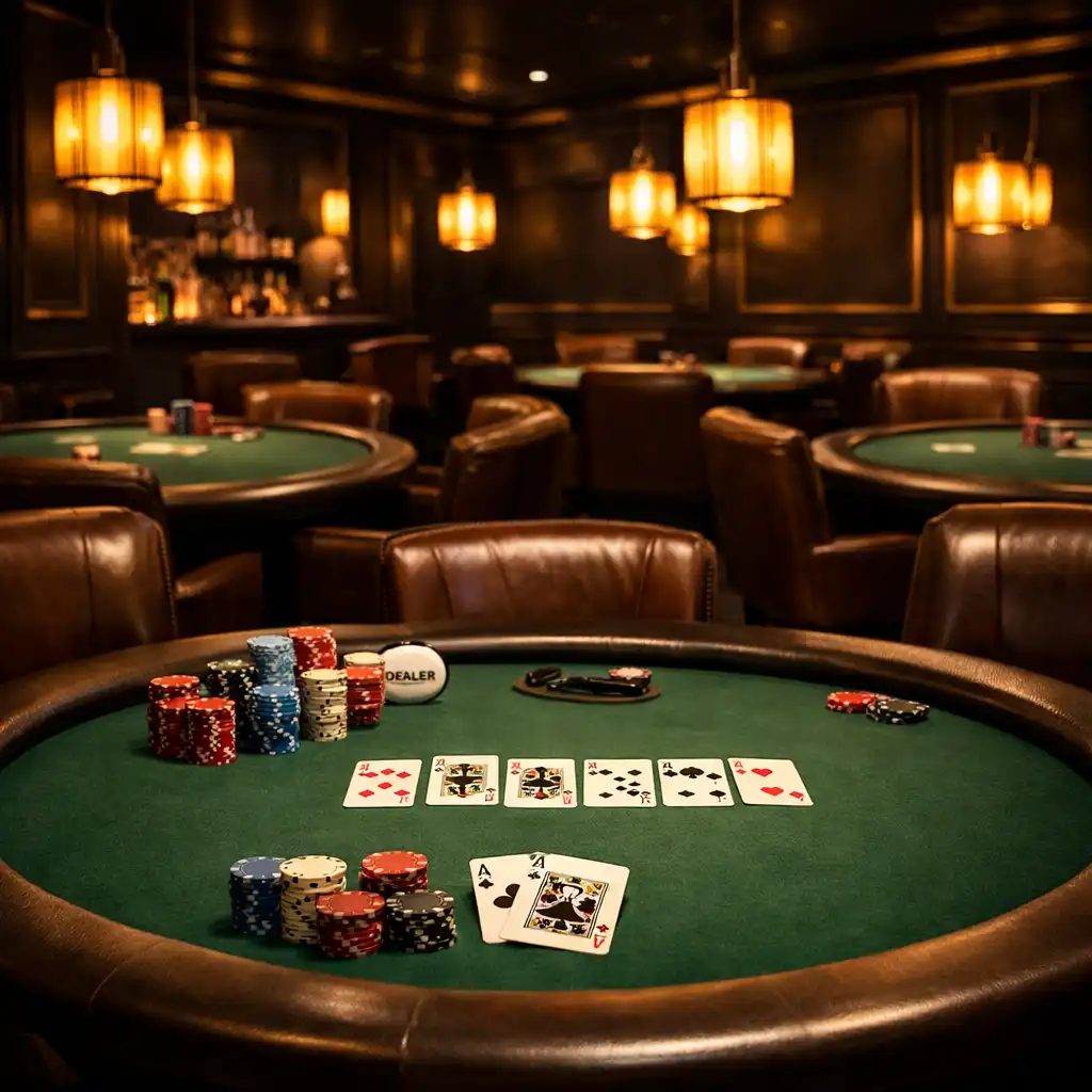 Poker lounge at Brassan Dcedar with round poker tables, leather chairs, and warm amber pendant lights