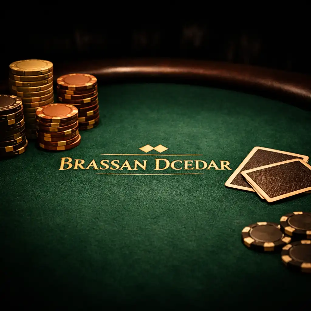 Close-up of a poker table with green felt, stacked chips, and playing cards under warm light