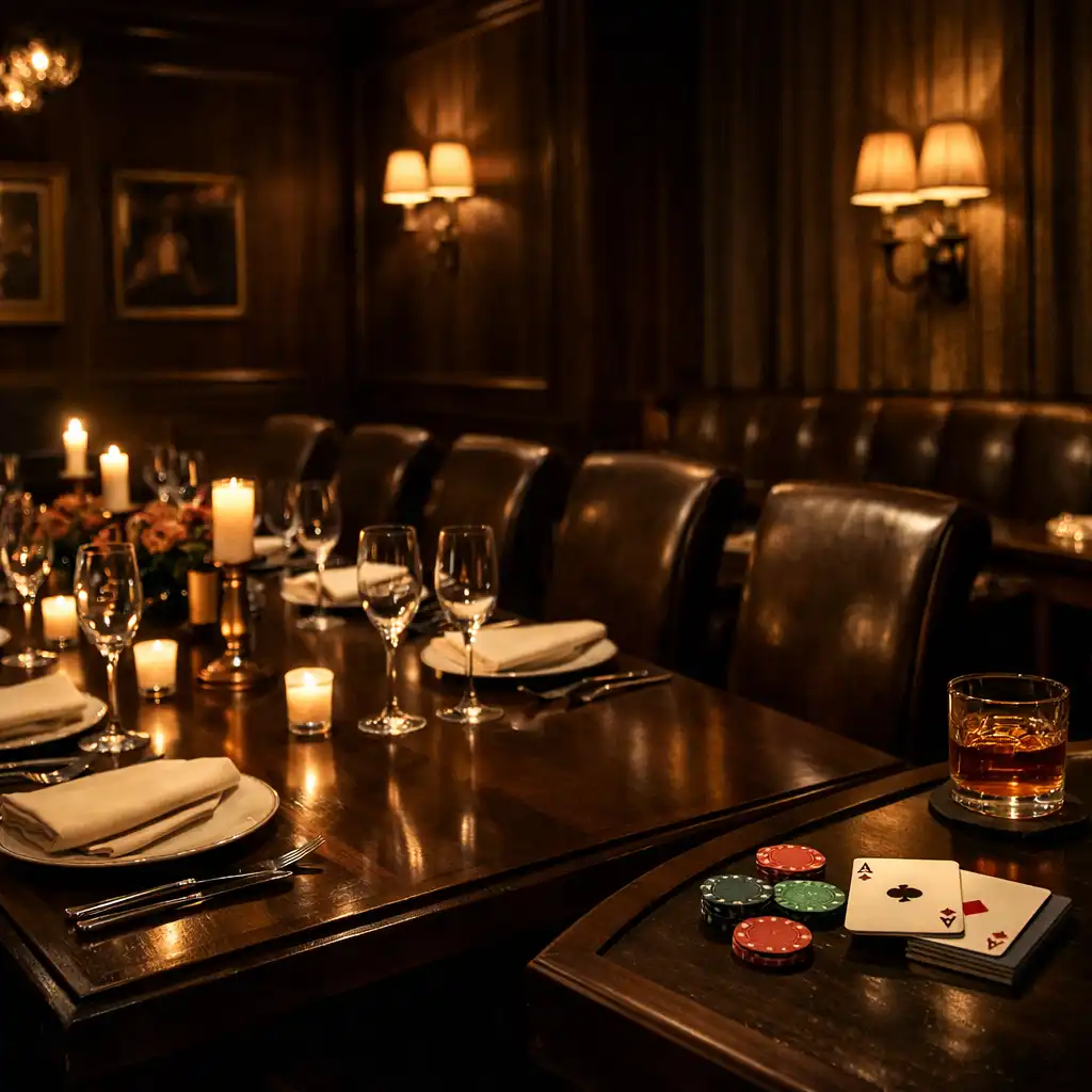 Private dining area at Brassan Dcedar with a long table set for a group dinner, candlelight, and elegant place settings