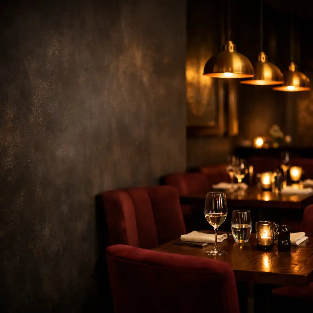Intimate restaurant interior with dark wood tables, burgundy chairs, and warm brass pendant lights