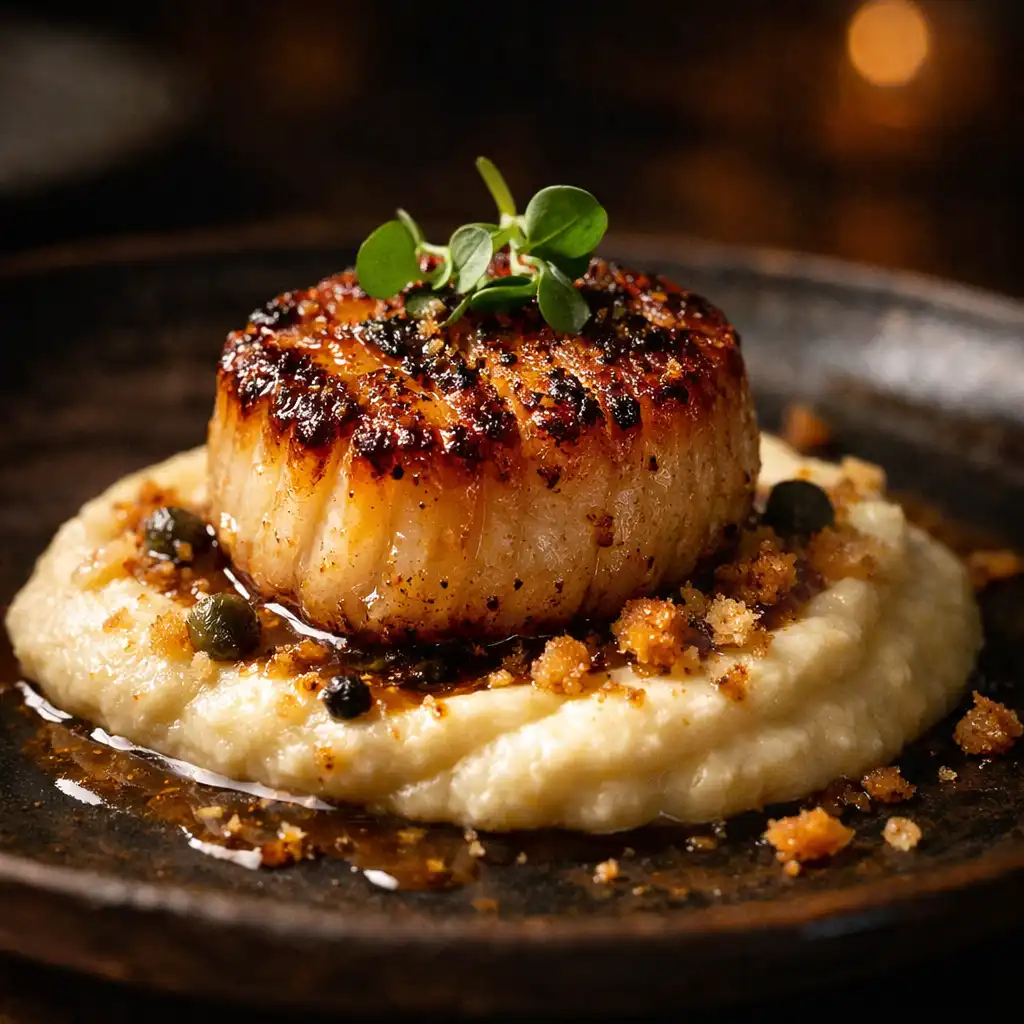 Seared scallop on cauliflower purée with brown butter, plated on a dark ceramic dish